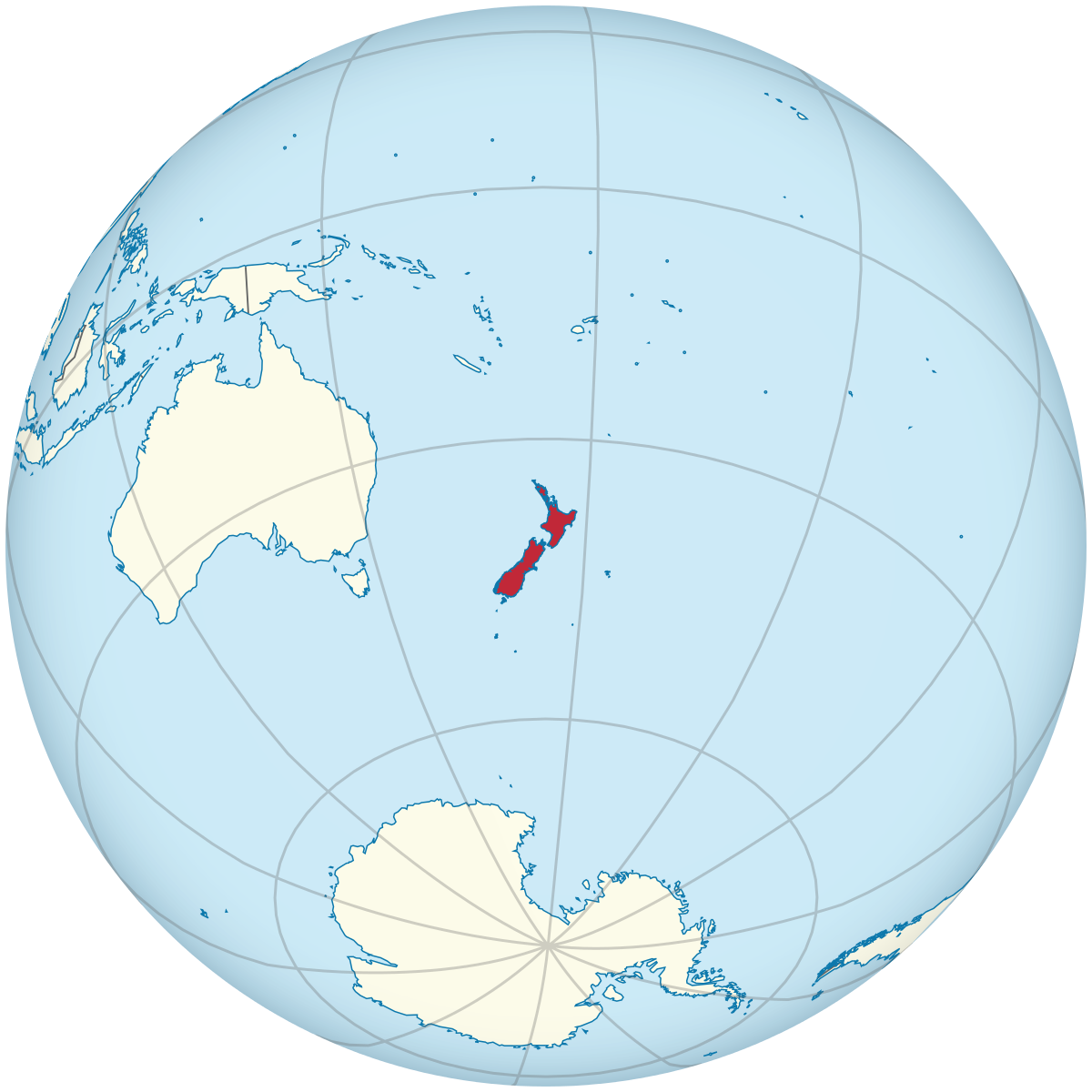 地球上的新西兰（以新西兰为中心）。