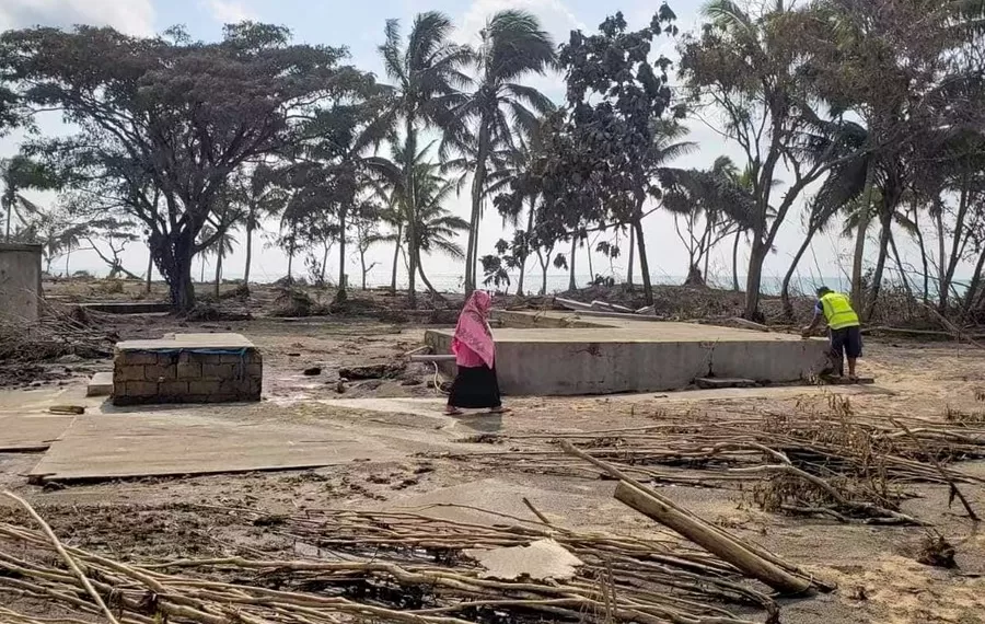 Photo taken on Jan. 19, 2022 shows a beach resort hit by tsunami on the outskirts of Nuku'alofa, capital of Tonga.