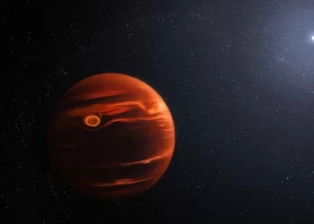 This illustration conceptualizes the swirling clouds identified by the James Webb Space Telescope in the atmosphere of exoplanet VHS 1256 b.