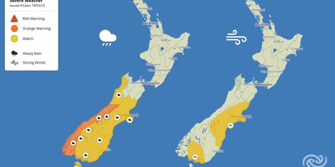 新西兰南岛大部分地区的大雨和强风将持续到周三