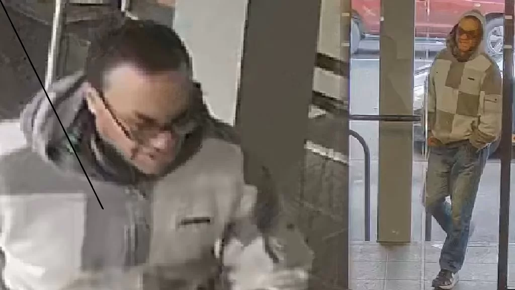 警方发布了两张闭路电视图像,显示一名男子戴着眼镜、牛仔裤和连帽衫。