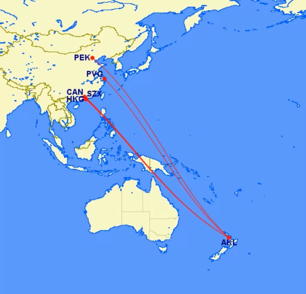 中国-新西兰往返航线。