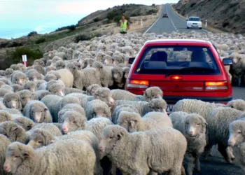 Down a rural road.NZ, driving in sheeps