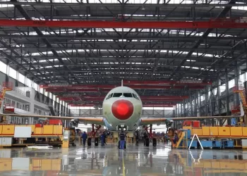 空客天津A320系列飞机总装线。