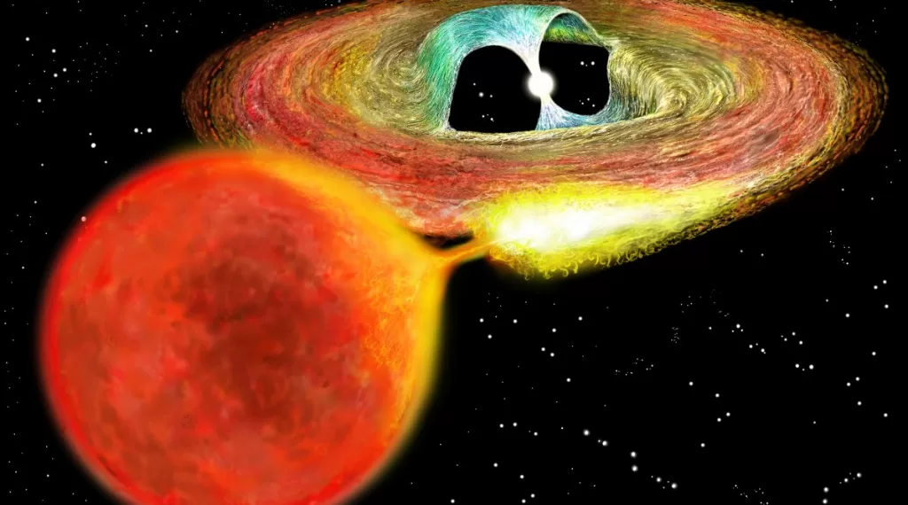 示意图显示,在一个双星系统中,白矮星吞噬其巨星伴侣的物质。