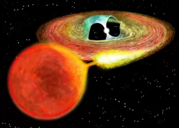 示意图显示，在一个双星系统中，白矮星吞噬其巨星伴侣的物质。