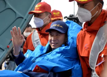 Astronaut Fei Junlong is out of the return capsule of the Shenzhou XV manned spaceship at the Dongfeng landing site in North China's Inner Mongolia autonomous region June 4, 2023.
