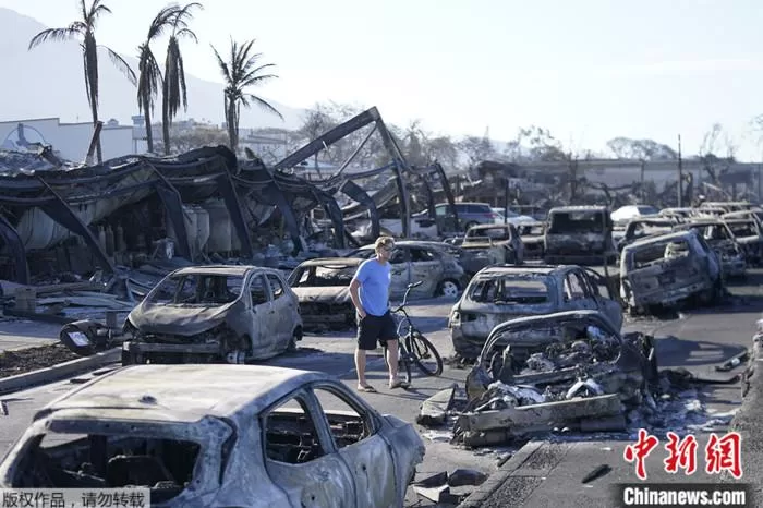 当地时间8月8日,夏威夷群岛第二大岛毛伊岛爆发野火并迅速蔓延,至8月12日已造成89人死亡。图为一名男子在野火重灾区拉海纳镇的废墟间穿行。