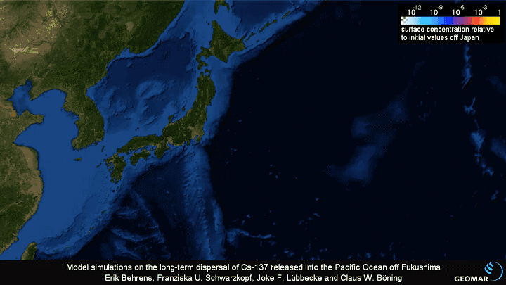 德国海洋科学研究对核污染水扩散速度和影响的模拟效果图。从图中可见,放射性物质会随着时间持续扩散,进而蔓延至全球海域。