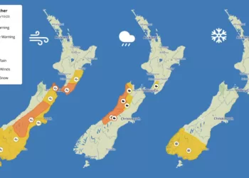 新西兰气象局发布的最新强风及雨雪警告。