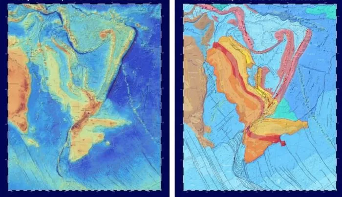 2020年6月公布的两张地图，分别为是该大洲的一张构造图（左图）和一张测深图（右图）。