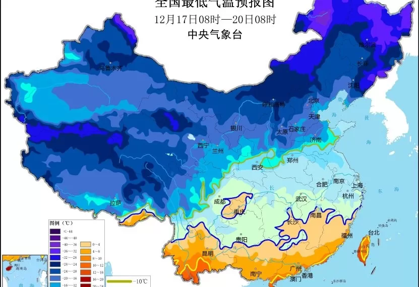 中國遇寒潮 0℃線可南壓到貴州至江南北部